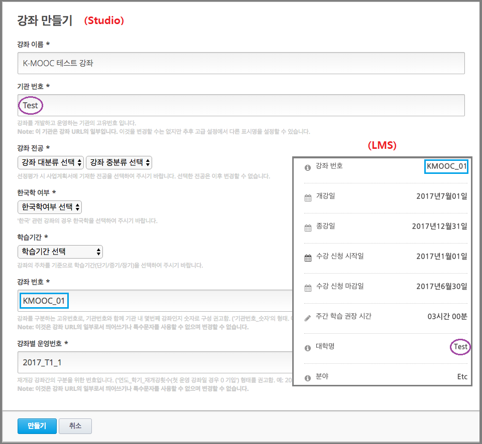 The Course Name in Studio and the Course Display Name in the LMS are boxed; the Course Run in Studio and the Course Name in the LMS are circled.