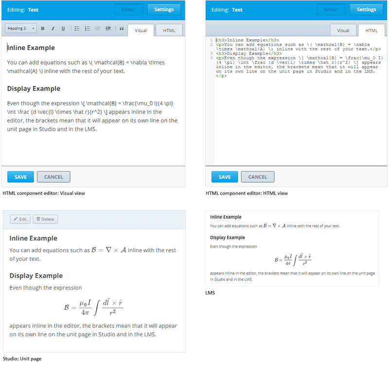 Image of an HTML component with MathJax in both the Visual and HTML views.