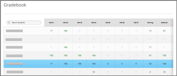 Course gradebook with rows for learners and columns for assignment types.