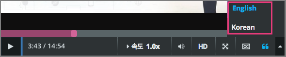 The video player with the language menu selected to show English and Spanish as transcript options